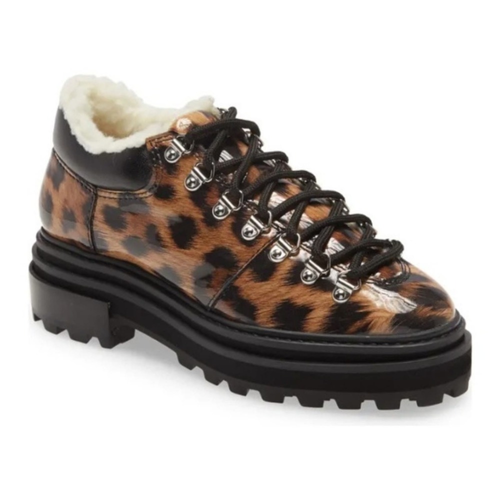 SCHUTZ Women's Lucille Cheetah Leather Sneakers Black/Tan with Faux Fur size 8